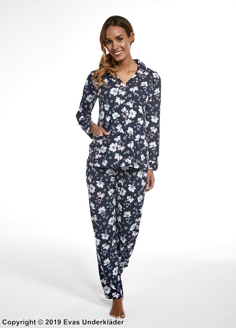 Top and pants pajamas, soft cotton, long sleeves, pockets, flowers